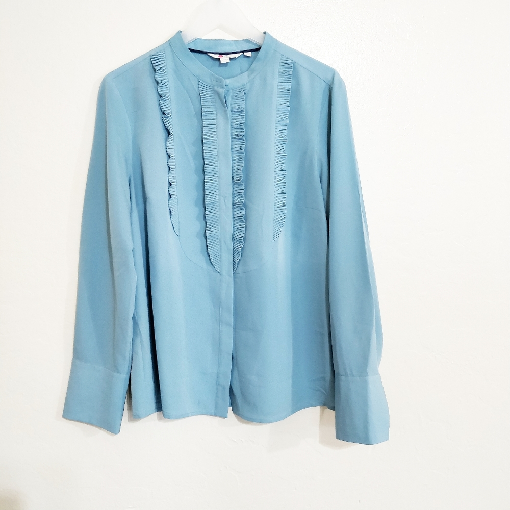 Boden light blue ruffle front collarless blouse.